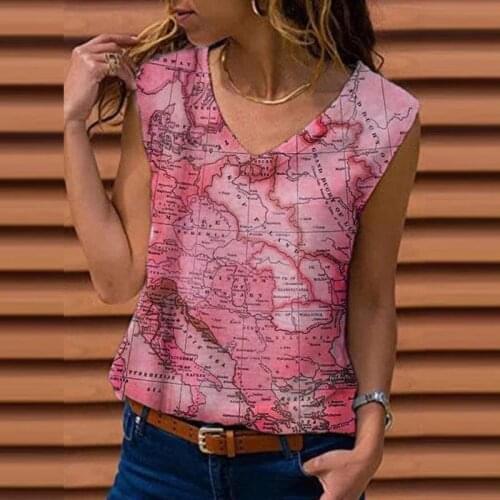 Womens V-Neck Printing Map Loose Casual Fashion Vest Summer T-shirt Tops