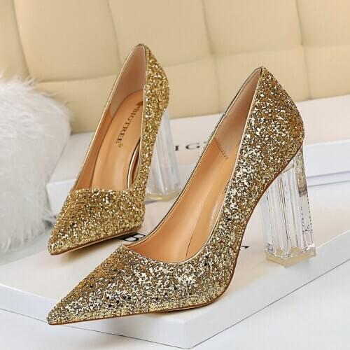 2020 Women 10cm High Heels Glitter Scarpins Gold Silver Block Clear Heels Pumps Lady Wedding Bridal Transparent Chunky Shoes