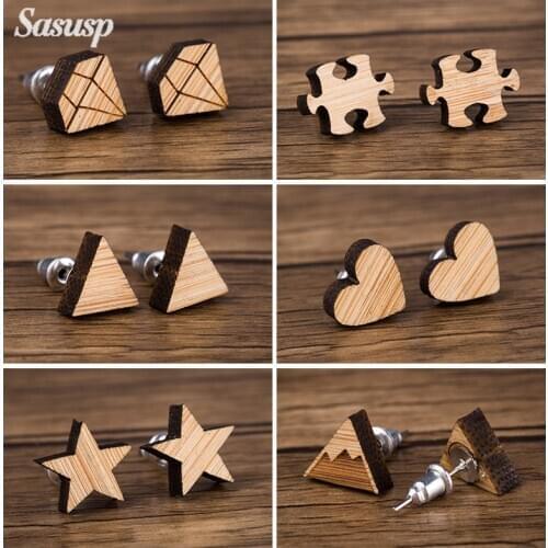 Sasusp Minimalist Heart Star Stud Earring For Women Circle Triangle Geometric Earings Personalize Wooden Ear Jewelry