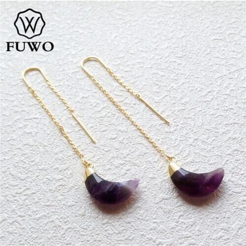 FUWO Natural Amethysts Earrings With 24K Gold Filled Fashion Jewelry Purple Crystal Crescent Threader Earrings For Women ER016