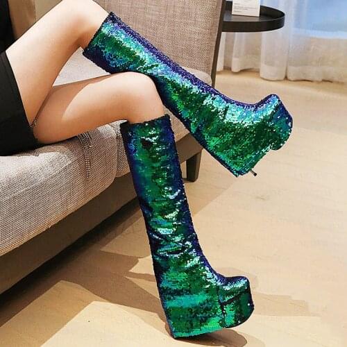 LAIGZEM Women Knee High Boots Sequined Metal Stiletto High Heels Tall Boots Party Club Ladies Shoes Woman Big Size 33 40 41 43