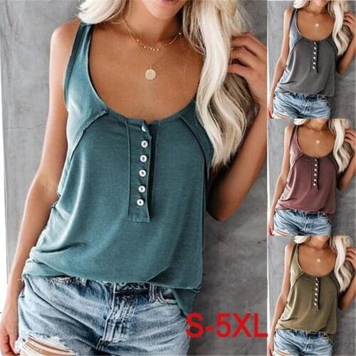 Women Summer Solid Color Camis Patchwork Design Single-Breasted Decor O-Neck Sleeveless Casual Pullovers Top for Streetwear