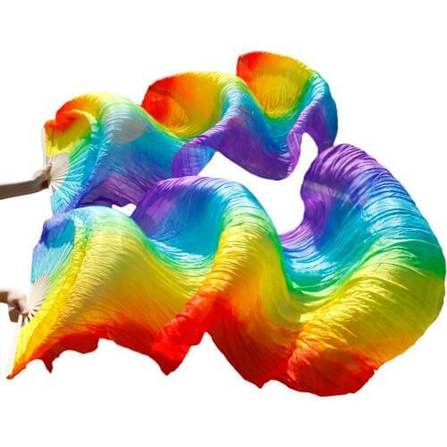 100% Silk High Selling Handmade Dyed Silk Belly Dance Fans Dance Props Real Silk Fans 1 Pair Rainbow Colors 120/150/180*90 cm