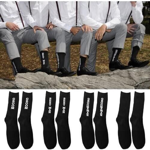 2020 Men Funny Novelty Black Crew Socks Groom Best Man Groomsman Father Letters Print Cotton Mid Tube Hosiery Wedding Party Sock