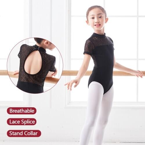 Ballet leotard for boy, dance costume for girl, black leotard with raised neck and lace splicing, gymnastics leotard