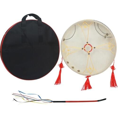 Shaman Drum Frame Hand Drum wood cow leather & old goat skin Traditional Chinese Percussion Instrument with Drum Bag Drum Whip