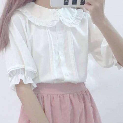 HOUZHOU Summer White Shirt Kawaii Peter Pan Collar Sweet Ruffle Short Sleeve Blouses Woman Tops 2021 Fashion Clothes