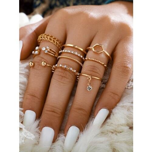 Bohemian gold color open crystal finger female ring 8-piece set Multi-layer personalized index finger joint tail ring