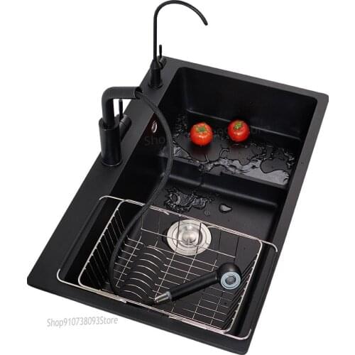 Quartz Stone Sink Large Single Trough Household Dish Washing Basin Black Granite Dishwashing Trough Table Set Meal