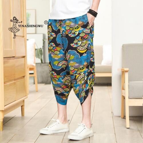Haori Pants Beach Casual Loose Thin Print Pants Japanese Kimono Traditional Pants Asian Costume Japan Style Men Kimono Yukata