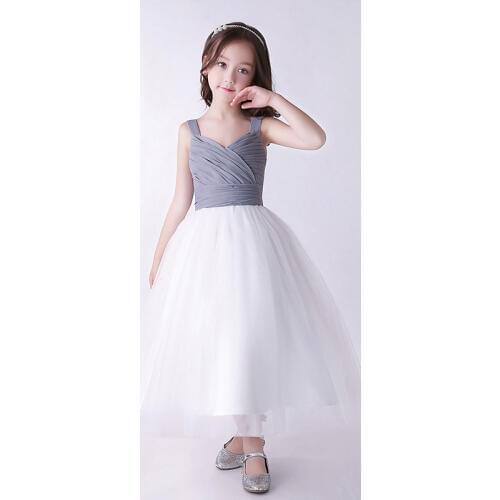 Elegant Style Flower Girls Dresses Children Gray and White Tulle Suspender Party Wedding Graduation Ball Gown Kids Clothing