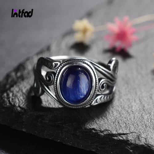 Oval 8x10MM Kyanite Rings Vintage Hollow Out Flower Shaped Finger Rings for Women Party Gift 925 Sterling Silver Jewelry