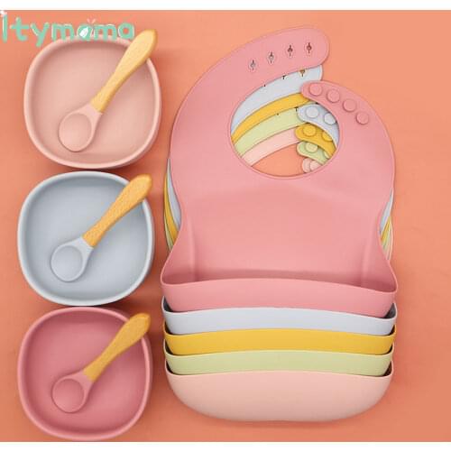 Baby Silicone Bowl Tableware BPA Free Waterproof Bib Saliva Towel Solid Color Sucker Bowl Spoon For Children Feeding Bowl Bibs