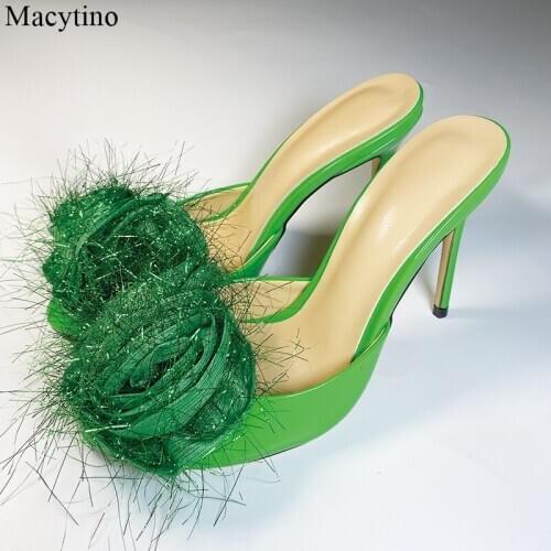 New Summer Women Shoes Sandals Patent Leather Green High Heels Flower Pointed Toe Mules Slides Outside Slippers