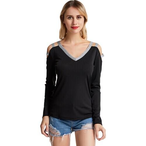 2020 New Women Sexy Blouse V-neck Cutout Sparkly Off Shoulder Long Sleeve Party Pullover Casual Blouse Tops Ladies Tee Tops