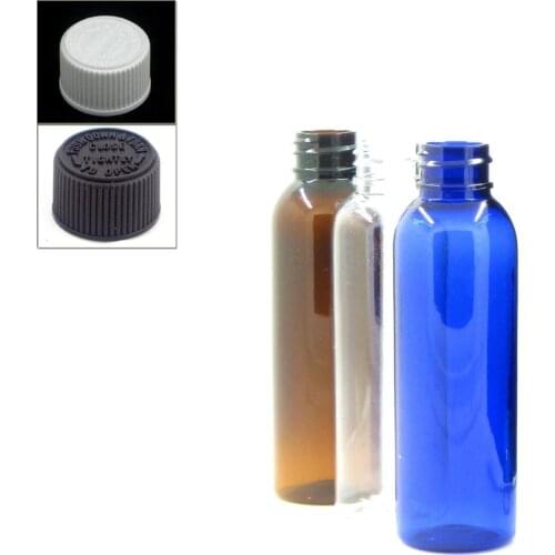 60ml empty cosmo round Plastic Bottles,blue/amber/ transparent PET bottle with white/black child resistant caps,safety lid X5
