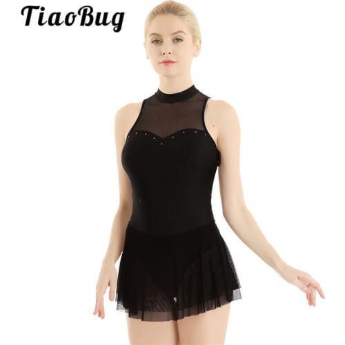 TiaoBug Mesh Splice Rhinestones Ballet Gymnastics Leotard Women Adult Figure Ice Skating Dress Bodysuit Lyrical Dance Costumes