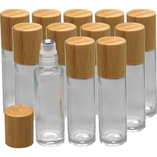6 Pcs 10ml Roll on Glass Bottles for Essential Oil Glass Roller Bottles Refillable Container with Bamboo Lid Cosmetic Container