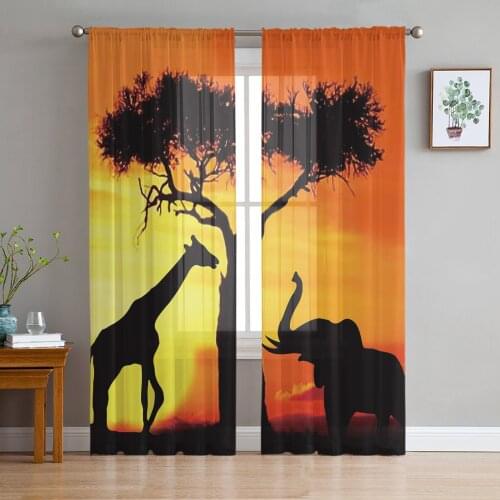 Dusk Africa Elephant Giraffe Tree Silhouettes Tulle Curtains for Living Room Decoration Chiffon Sheer Voile Kitchen Curtain