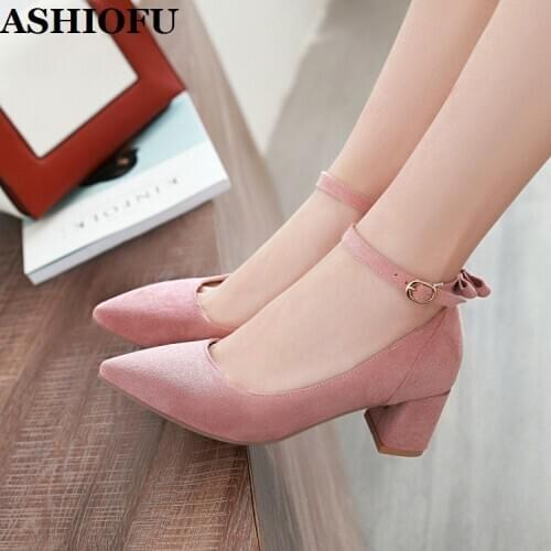 ASHIOFU H88-15 Handmade Womens Block Heels Pumps Faux-suede Party Prom Dress Shoes Four-colors Ankle Strap Evening Court Shoes