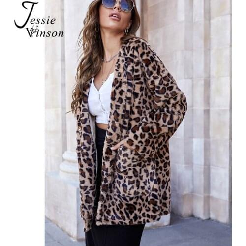 Jessie Vinson Faux Fur Coat Women Leopard Pattern Single Button Jacket Coat Warm Winter Outwear Ladies Parka Cardigan Coat 2020