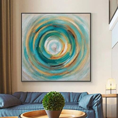 100% Hand Painted Abstract Green With Blue Colorful Circle Oil Painting Decorative Wall Art Pictures For Living Room Decor