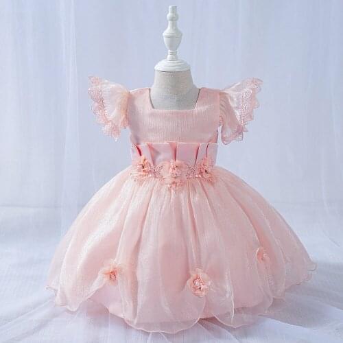 2020 Summer New Girl Princess Dress Sleeveless Small Flying Sleeve Clothes One-Year-Old Bow Baby Dresses Vestidos Champagne Pink