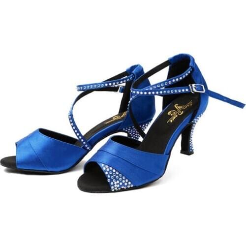 3 Colors Satin Latin Dance Shoes Womens Party Wedding Shoes Salsa Ballroom Dance Sneakers Rhinestone Soft Sole High Heel A124