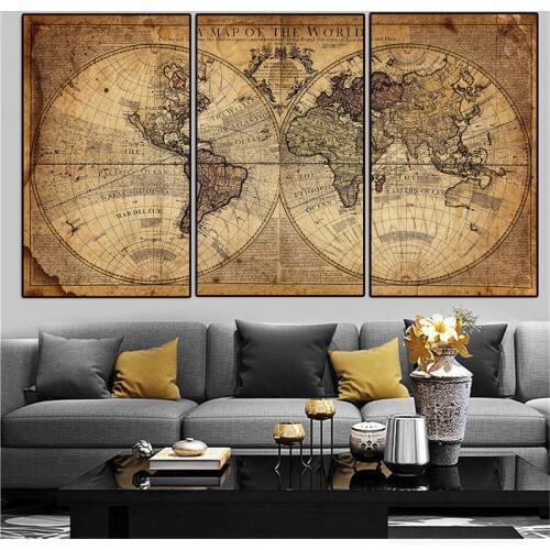 3panels hotsale retro worldmap wall art living room sofa decoration canvas posters prints dropshipping no frame canvas paintings