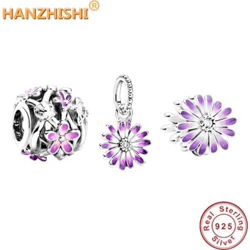 925 Sterling Silver Purple Daisy Ladybug Charm Beads Fits Original Pandora Charm Bracelet Necklace Jewelry for Mum Girlfriend