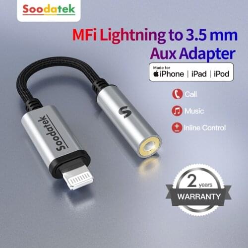 Soodatek MFi Lightning to 3.5mm Headphones Adapter for iPhone 12 11 Pro 8 7 Aux 3.5mm Jack Cable for Lightning Adapter Accessori
