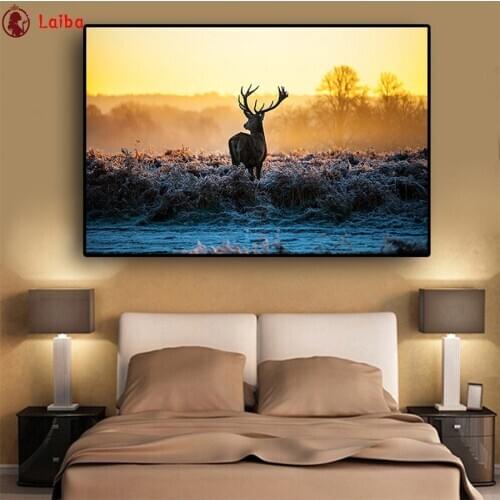 5d diy diamond painting Sunset Milu Deer Forest Wild Animal Landscape mosaic diamond crystal painting full square round