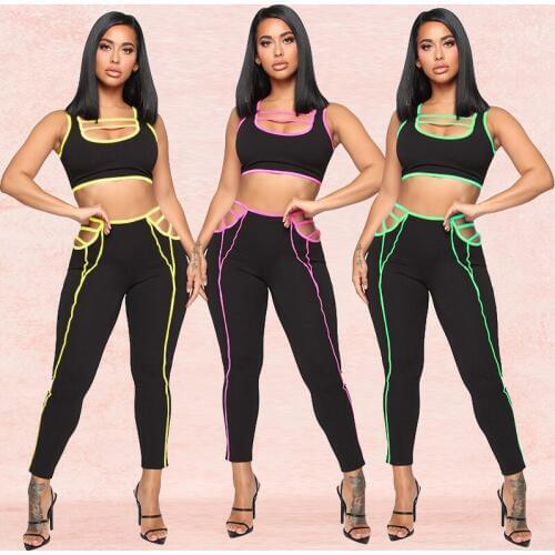 BKLD Women Fitness Sporting Two Pieces Set Sleeveless Crop Top Legging Sets For Women Striped Hollow Out 2019 Women Tracksuits