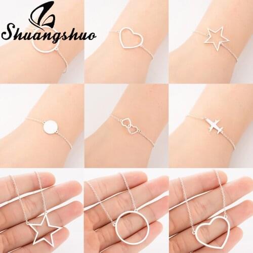 Shuangshuo Bracelets For Women Stainless Steel Heart Pendant Charm Bracelet femme Adjustable Chain Link Jewelry Gift