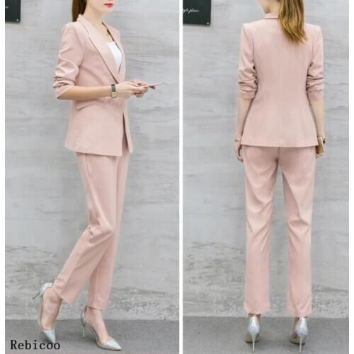 Trousers Women Suit Notched Long Casual Jacket Blazer Female+Button Wide Leg Pant 2 Piece Womens Autumn Spring Pink Outfits