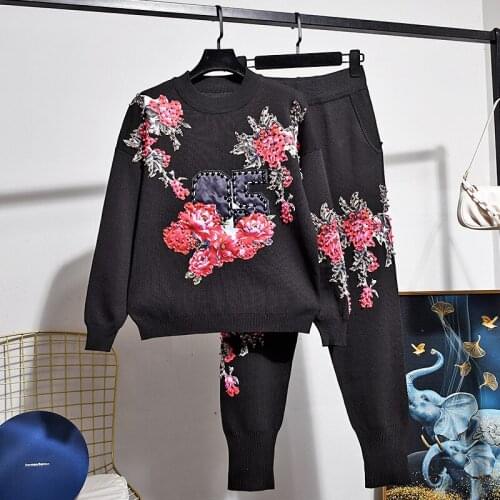 Manual Letter Printed Beaded Flowers Black Knitted Tracksuit Outfits Black Knitting Tops Pencil Pants Loose Casual Female Sets