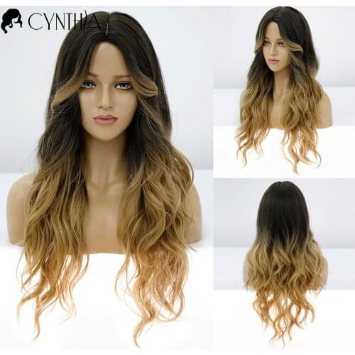 Long Ombre Black to Gold Wavy Daily Synthetic Wigs For Black White Women Nature Fiber Heat Resistant Cosplay Fake Hair Wig