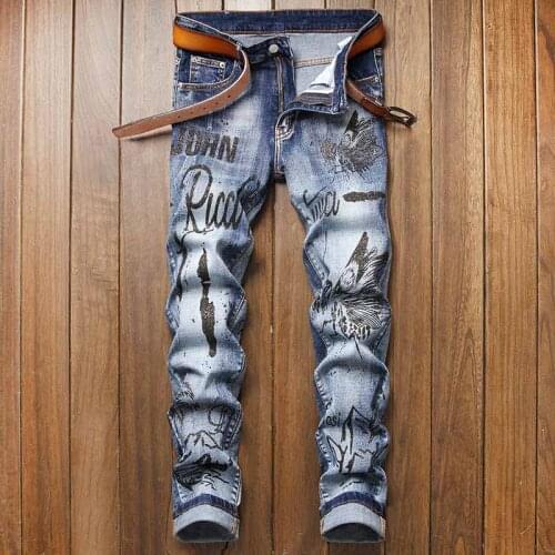 KIOVNO Men Hip Hop Printed Jeans Trousers Slim Fit Stretch Denim Trousers For Male Streetwear Washed