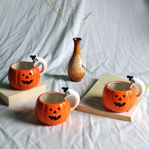 Creative Pumpkin Coffee Mugs Ceramic Milk Cup with Lid Breakfast Oatmeal Yogurt Mug Funny Pumpkin Cup Halloween Gift Caneca