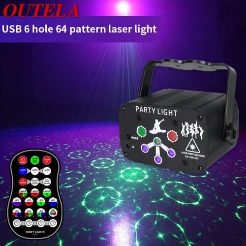 OUTELA 6 Hole 64 Figure Laser Light Stage Lamp Projection Flashlight USB Plug with Remote Control for Bar KTV