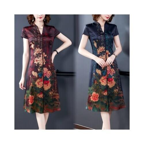 Summer Women Simulation Silk Retro Print Slim Midi Dresses Casual Lace V-neck Vestido Midi Business Work Wear Fashionable Dress