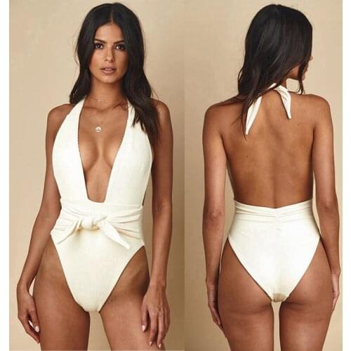 Halter Monokini Solid Color Womens Swimsuits Casual Beachwear Fashion Women Bathing Suit Sexy V Neck Monokini Backless Bodysuit