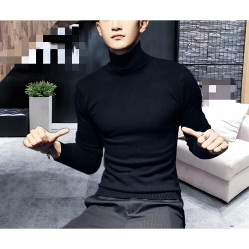 Mens Slim Solid Color Turtleneck Sweater Autumn and Winter Sweater Two-Turn Collar Base Shirt Tight Sweater Mens Top