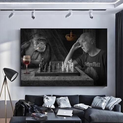 Monkey Playing Chess Creative Art Paintings Print on Canvas Art Posters and Prints Black And White Animals Art Pictures Cuadros