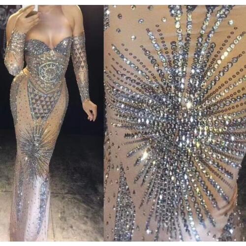 Super Sparkly Rhinestone Long Dress Sexy Silver Glisten Crystals Costume Evening Birthday Celebrate Dress Wear Luxurious Outfit