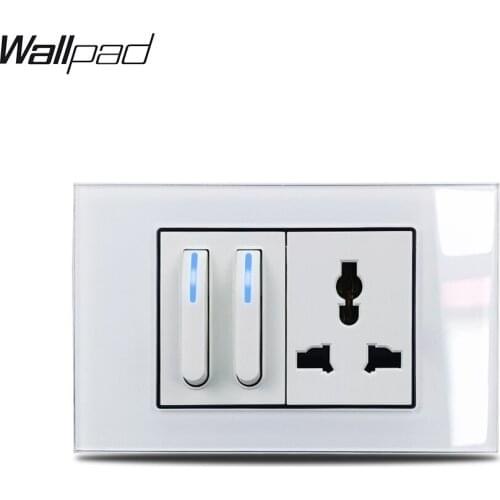 118*75mm Piona 2 Gang Switch and Universal Socket Wallpad L3 White Glass Panel Switch Button with LED and Multifunction Socket