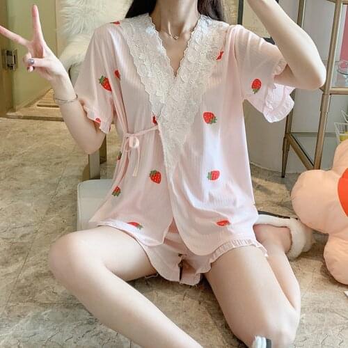 Style Kimono Pajamas for Women Cotton Homewear Short Sleeve Japan Style Lace Pijamas Mujer Soild Color Harajuku Girl Sleepwear