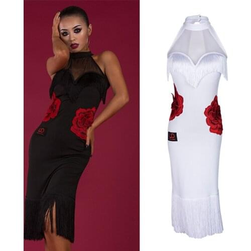 Latin Dance Dress Black Sleeveless Rose Print Tassel Dresses Samba Cha Salao Dancing Women Competition Performance Wear DNV10189