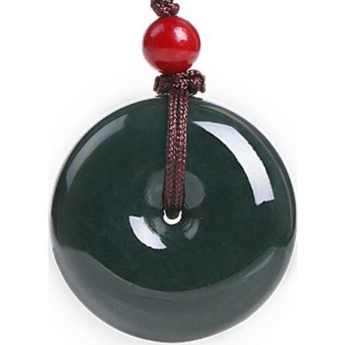 Natural Black Green nephrite Stone Donut Pendant Carved Round Peace Buckle Pendant Necklace Womens Fine Jade Jewelry