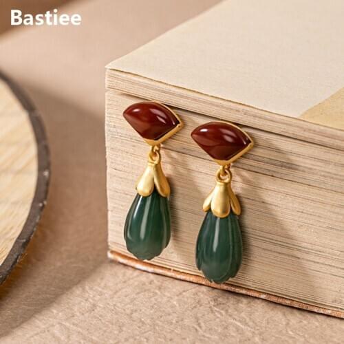 Bastiee 925 Sterling Silver Emerald Earrings For Women Drop Dangle Luxury Jewelry Gold Plated Jade Red Agate Magnolia Flower